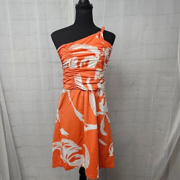 NWT Tracy Negoshian Orange White Tropical Ruched One Shoulder Mini Dress S - Picture 1 of 12